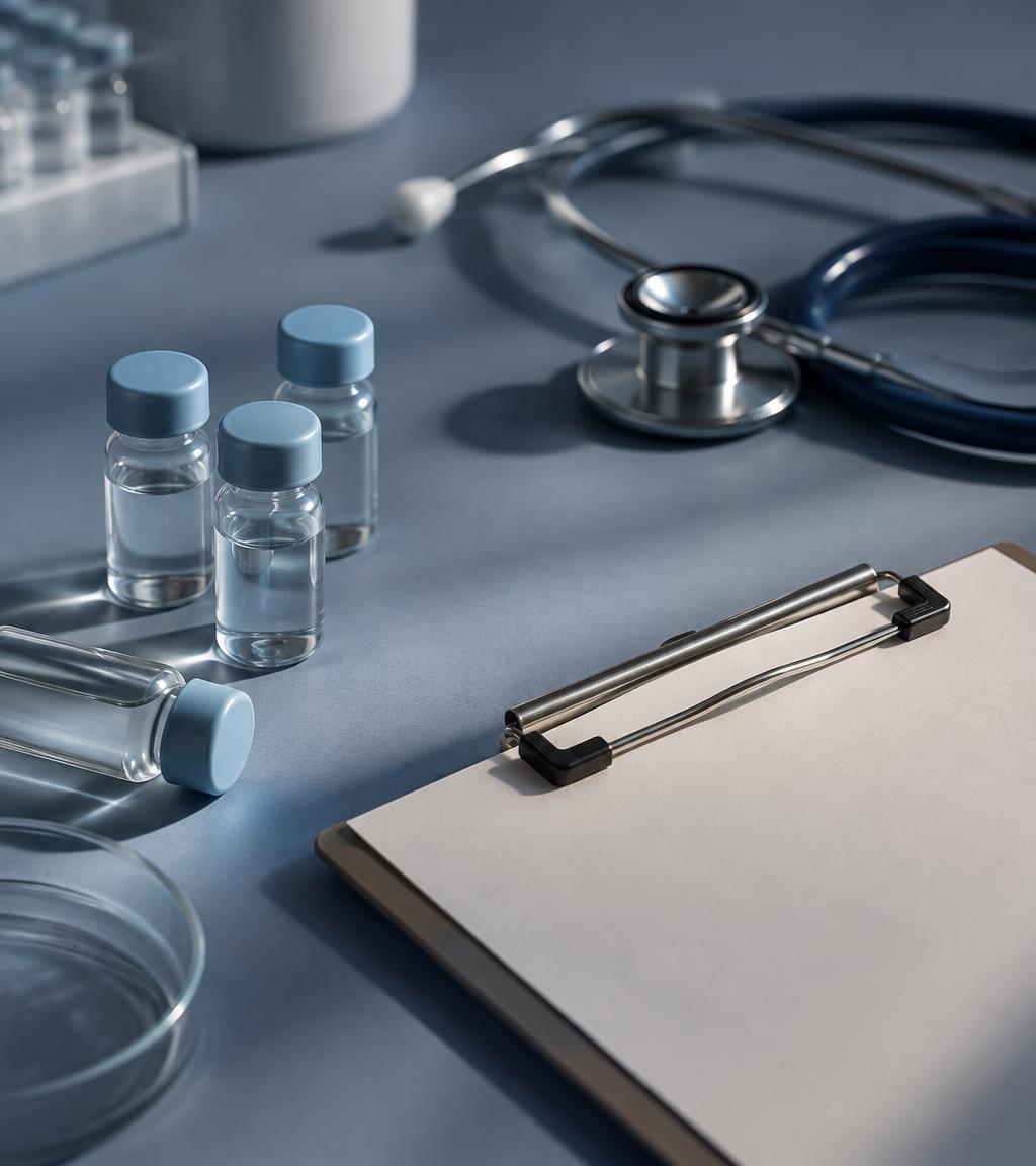 Sample vials, a clipboard, and a stethoscope on a clinic table